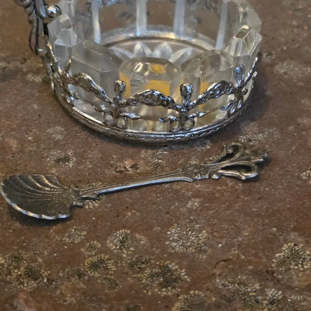 Vintage OTCO Italy Crystal Salt Cellar with Silver Tone Holder and Shell Spoon